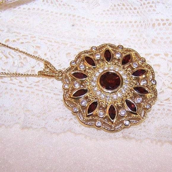 Sterling Silver Vermeil Red / Clear Cubic Zirconia CZ Round Pendant - Picture 7 of 9